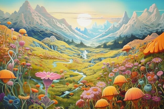 Painting of a mountain landscape with a stream and flowers generative ai