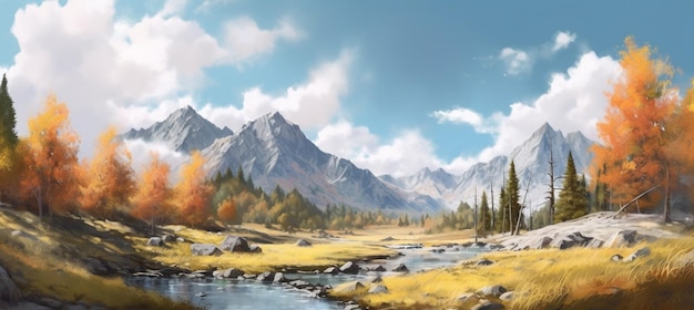 Painting of a mountain landscape with a stream and trees generative ai