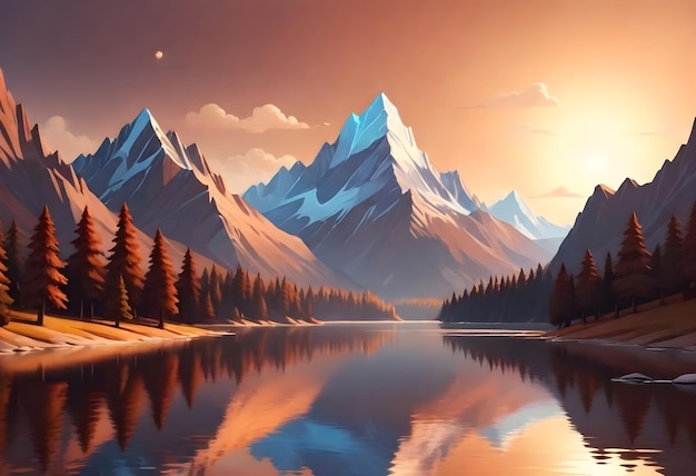 a painting of a mountain landscape with the sun setting over the mountains