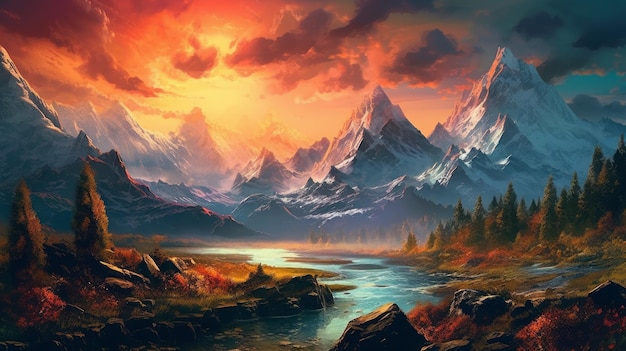 A painting of a mountain landscape with a sunset in the background.