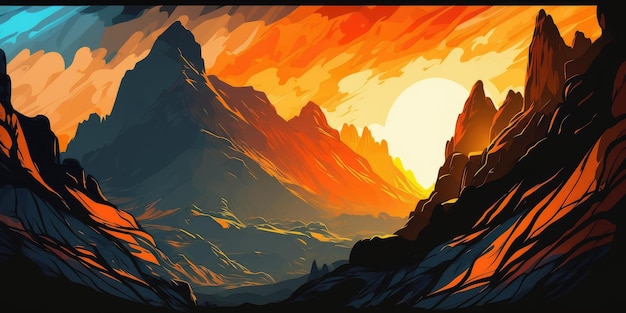 A painting of a mountain landscape with a sunset in the background.