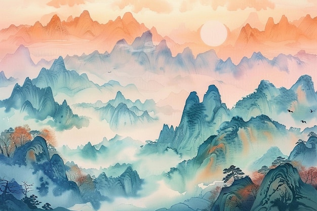 a painting of a mountain landscape with a sunset in the background