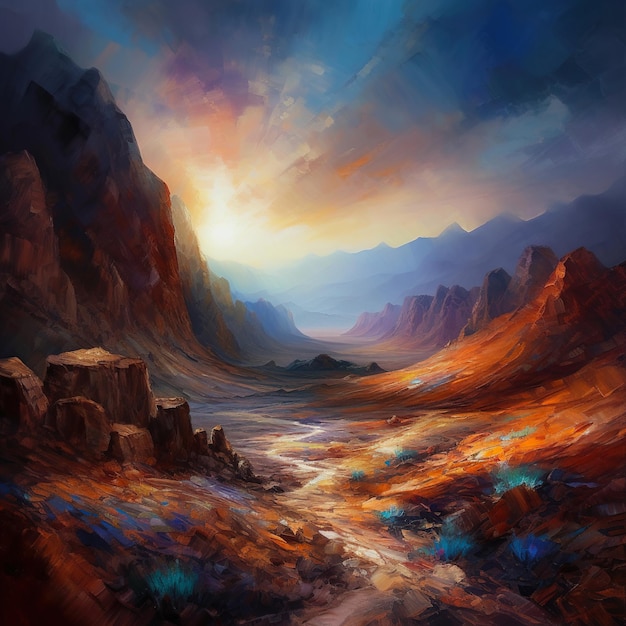 A painting of a mountain landscape with a sunset in the background