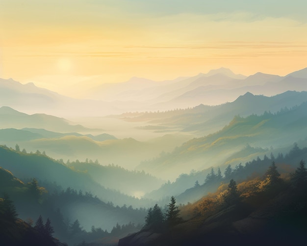 A painting of a mountain landscape with a sunset in the background.