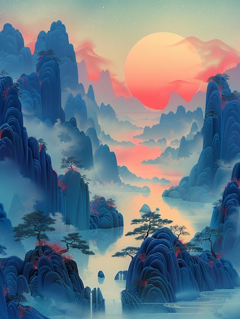 a painting of a mountain landscape with a sunset in the backgroundChinese style blue landscape illu