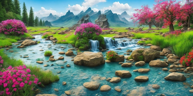 A painting of a mountain landscape with a waterfall and flowers.