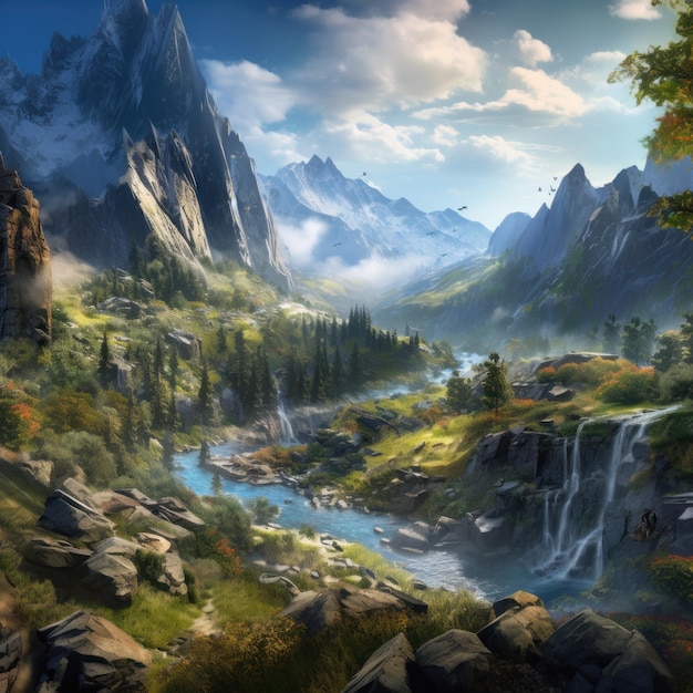 A painting of a mountain landscape with a waterfall and a mountain in the background.