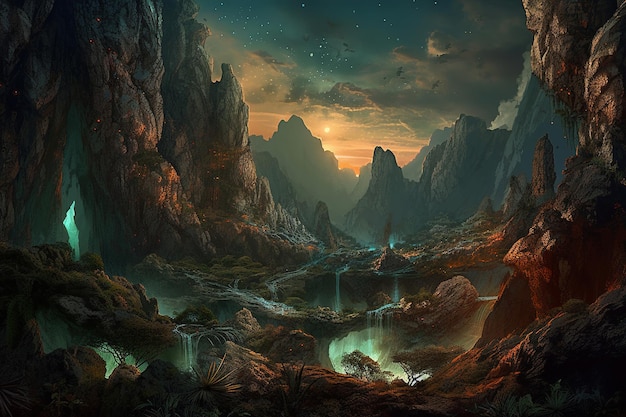 A painting of a mountain landscape with a waterfall and a sky with stars.