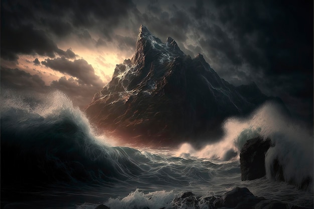 A painting of a mountain in the ocean with waves crashing on the shore.