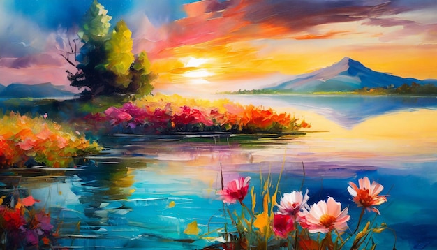 Painting of mountain peak river or lake blooming nature pink flowers Beautiful natural landscape