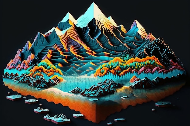 A painting of a mountain range with a blue background and the words " mountain " on the bottom.