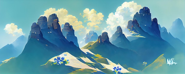 A painting of a mountain range with blue flowers in the foreground generative AI