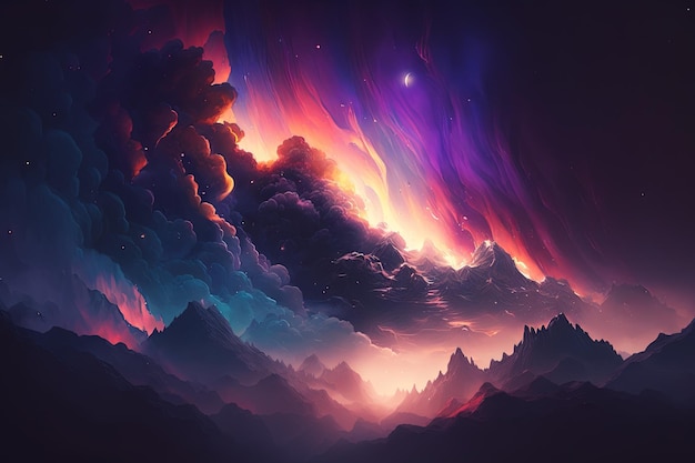 A painting of a mountain range with colorful clouds generative AI