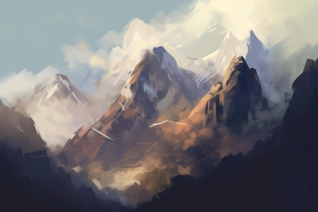 A painting of a mountain range with mountains in the background.