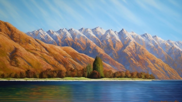 A painting of a mountain range with the mountains in the background.