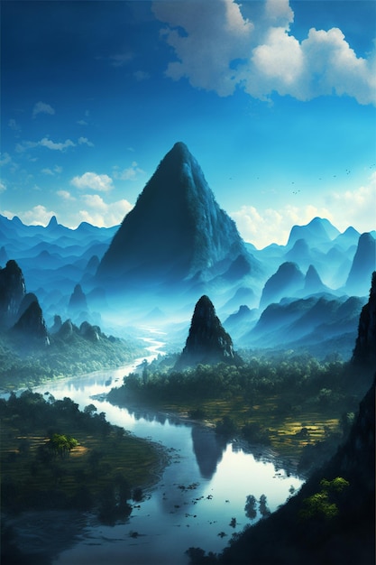 Painting of a mountain range with a river in the foreground generative ai