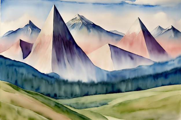 A Painting Of A Mountain Range With A Sky Background