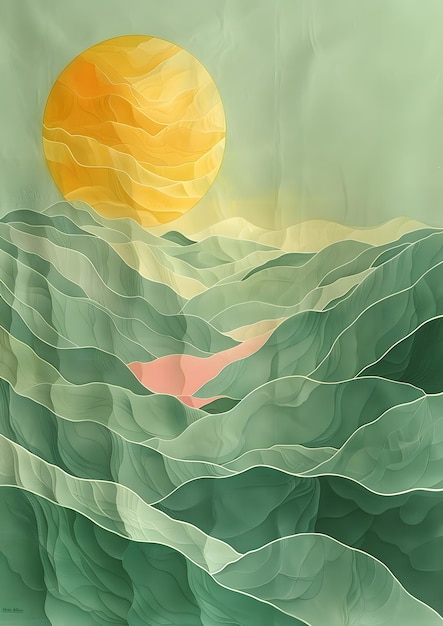 A painting of a mountain range with a sun in the sky The sun is yellow and the mountains are green