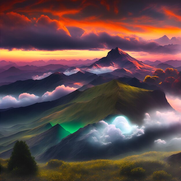 A painting of a mountain range with a sunset in the background.