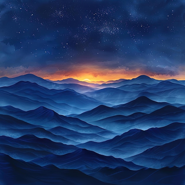 painting of a mountain range with a sunset in the background