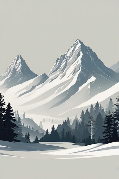 a painting of a mountain range with trees and snow