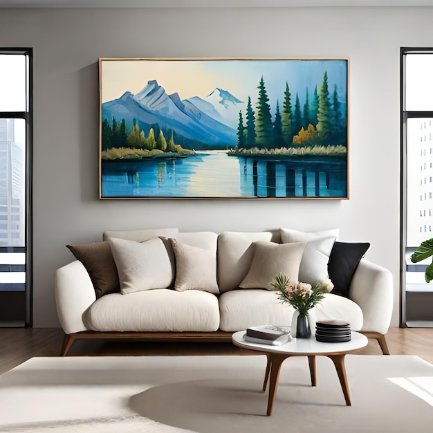 A painting of a mountain scene hangs on a wall above a couch.