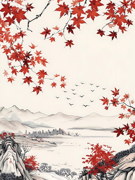 a painting of a mountain scene with birds flying above it