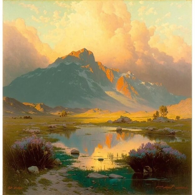 Painting of a mountain scene with a lake and a mountain in the distance generative ai