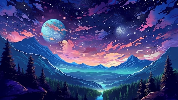 A painting of a mountain scene with a river and a full moon generative ai