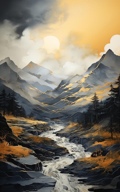 painting of a mountain scene with a river and a mountain range generative ai