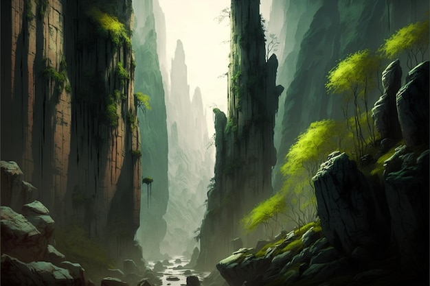 Painting of a mountain scene with stream water and boat generative ai