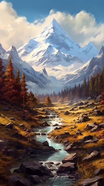 Painting of a mountain stream in a valley with a mountain in the background generative ai