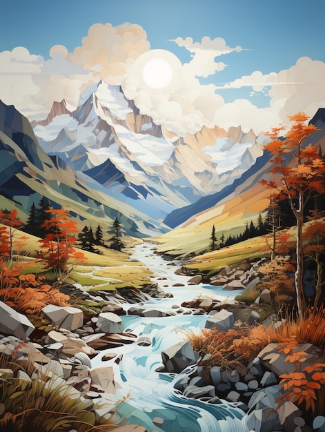 painting of a mountain stream with a mountain range in the background generative ai