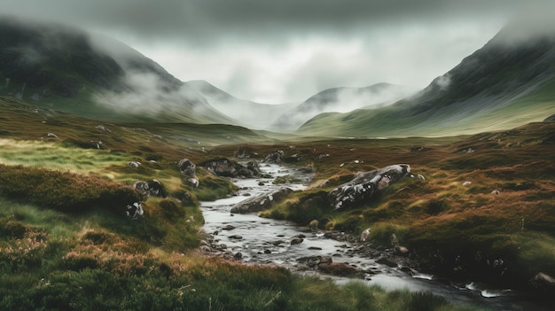 A painting of a mountain stream with mountains in the background