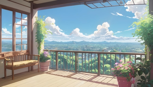 a painting of a mountain view from a deck with a view of the mountains