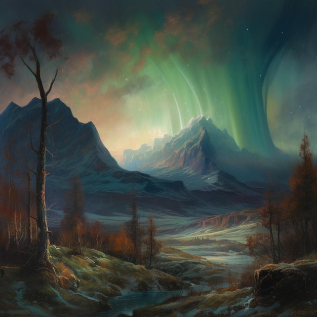 A painting of a mountain with the aurora borealis above it