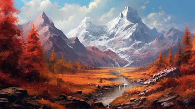 A painting of a mountain with autumn leaves Generative AI