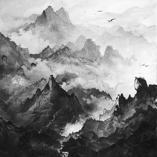 a painting of a mountain with a bird flying above it