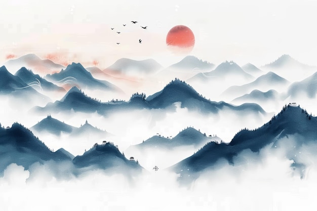 a painting of a mountain with birds flying over it