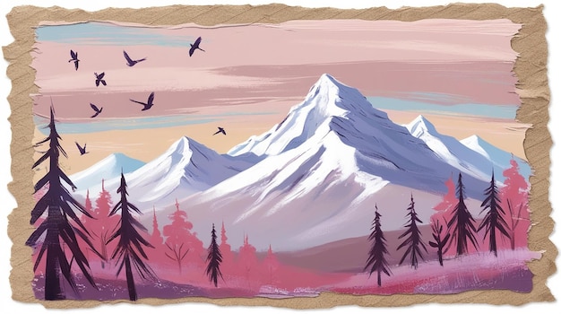 a painting of a mountain with birds flying in the sky