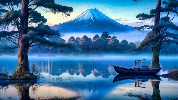 A painting of a mountain with a boat in front of it