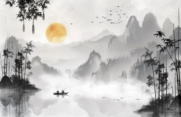 a painting of a mountain with a canoe and a lake with a full moon in the background