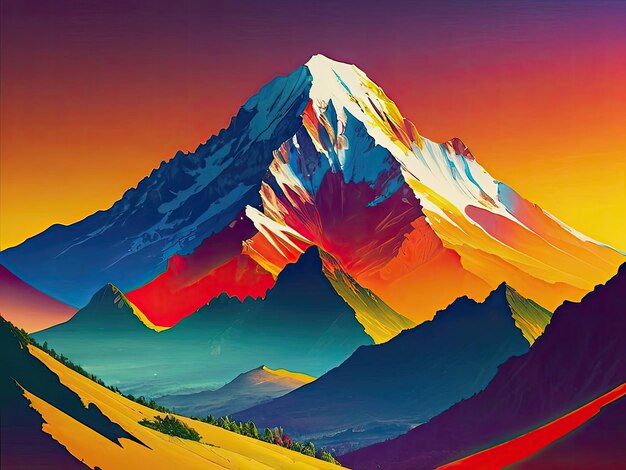 a painting of a mountain with the colors of the rainbow