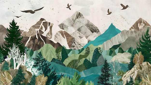 a painting of a mountain with flying birds