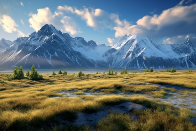 a painting of a mountain with a lake in the background