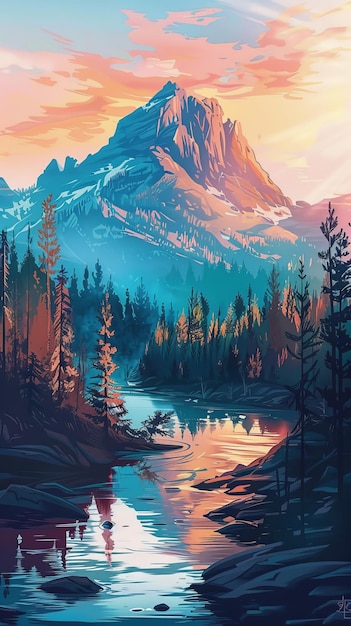 a painting of a mountain with a lake in the background