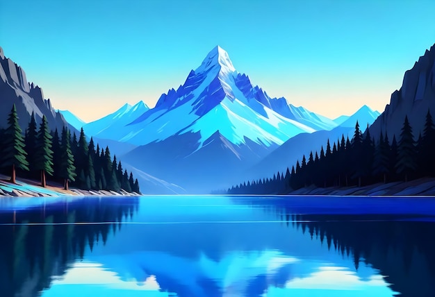 a painting of a mountain with a lake and trees in the background