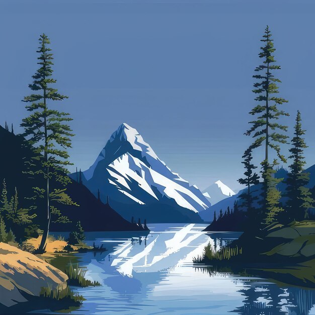 Photo a painting of a mountain with a lake and trees in the background