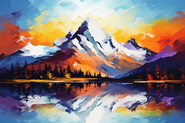 Painting of a mountain with a lake and trees in the foreground generative ai