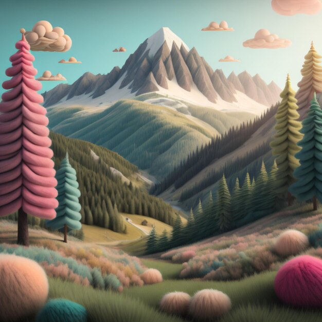 A painting of a mountain with many trees and mountains in the background.